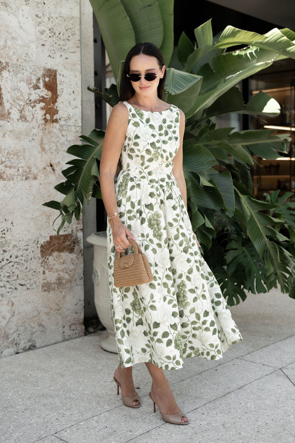 Victoria Boat Neck Linen Midi Dress in Roses on the Vine