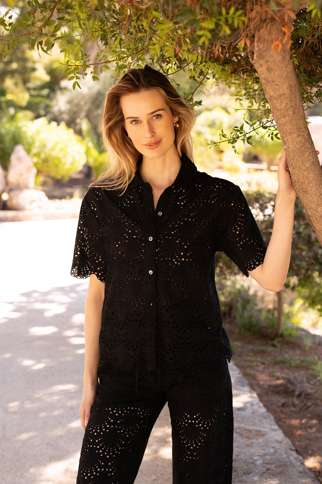 Dana Button Down Short Sleeve Shirt in Black Eyelet
