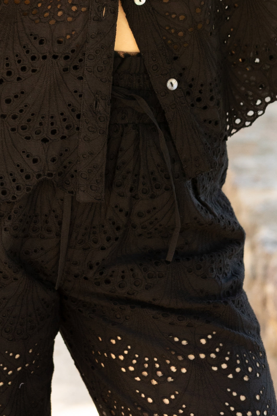 Dana Button Down Short Sleeve Shirt in Black Eyelet