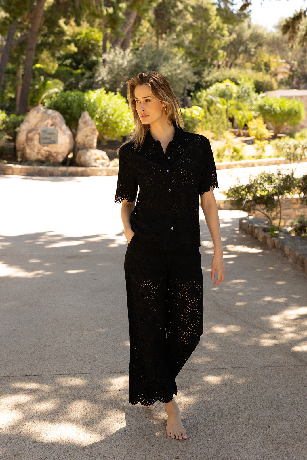 Dana Button Down Short Sleeve Shirt in Black Eyelet