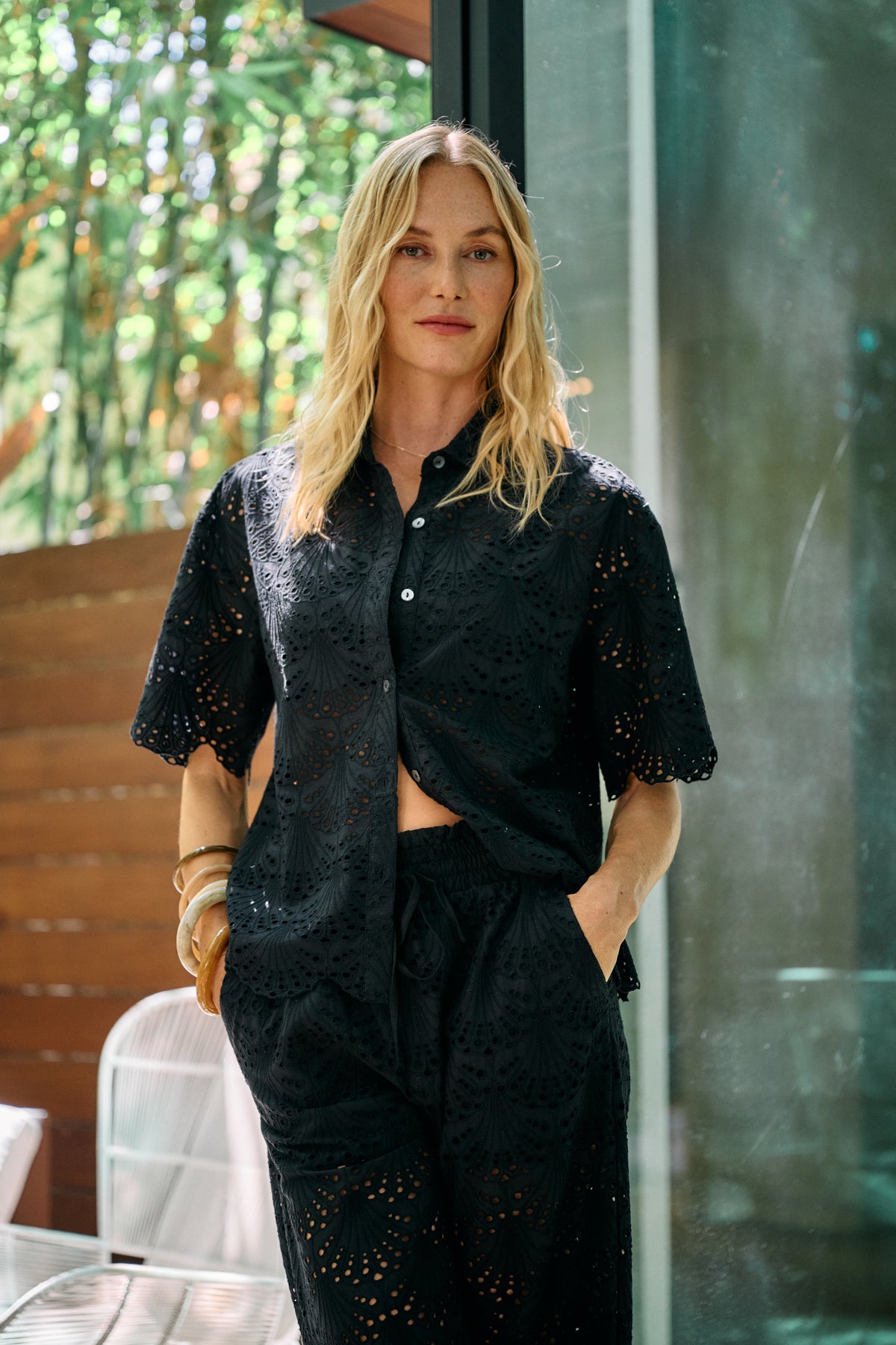 Dana Button Down Short Sleeve Shirt in Black Eyelet