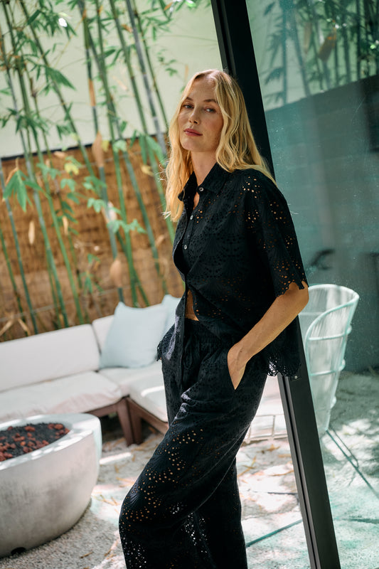 Dana Button Down Short Sleeve Shirt in Black Eyelet