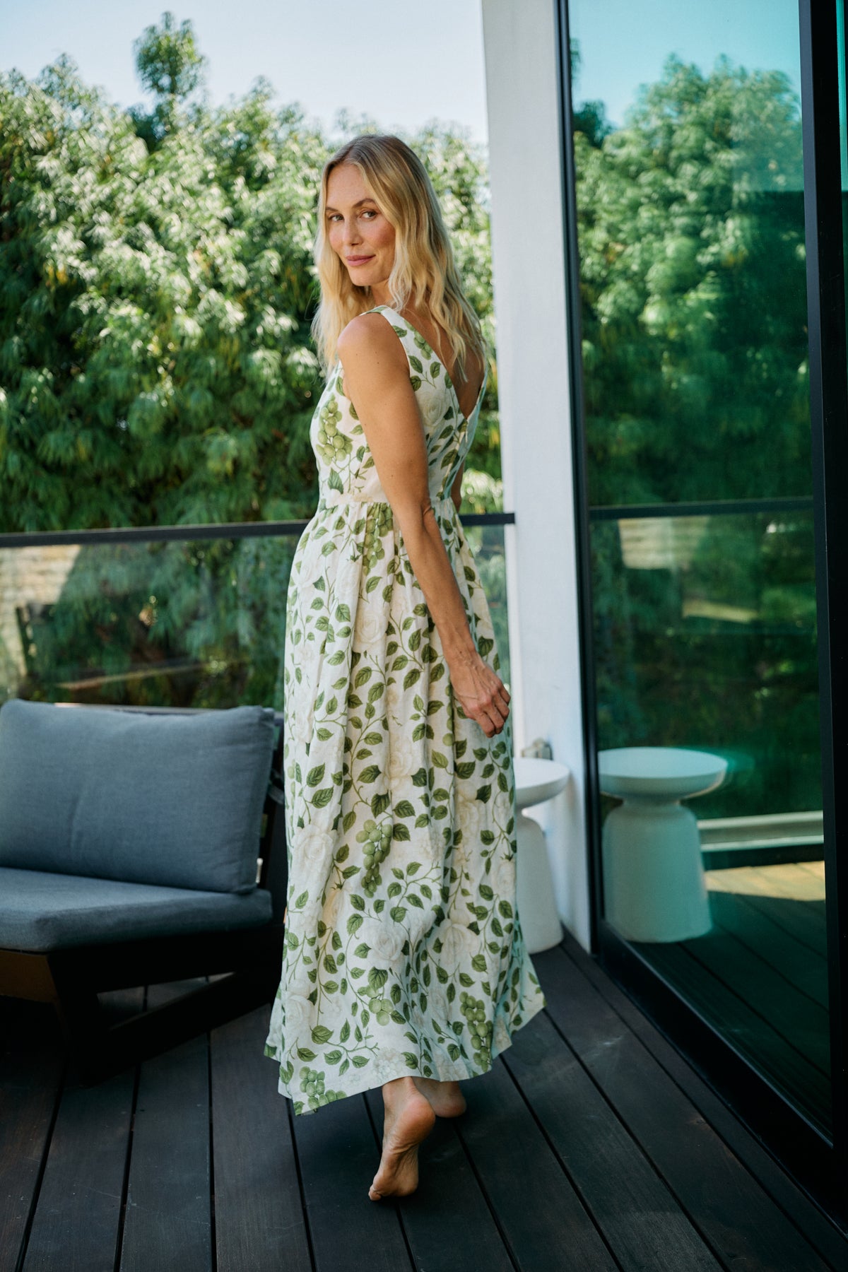 Victoria Boat Neck Linen Midi Dress in Roses on the Vine