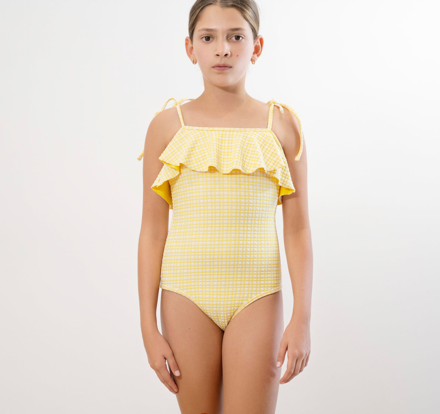 Little Honey Girls One Piece Swimsuit in Yellow Seersucker