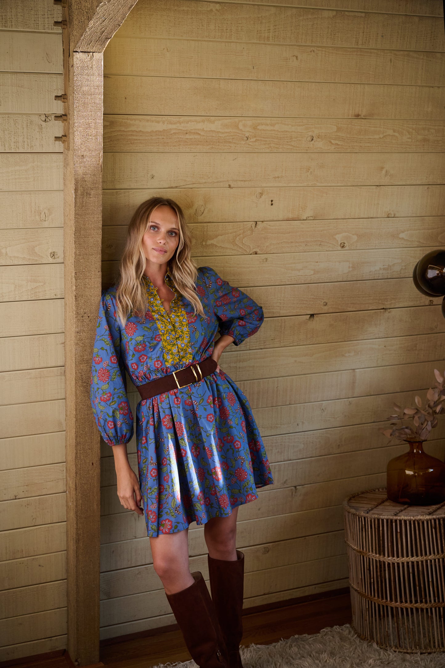 Halle Collared Belted Mini Dress in Blue Floral