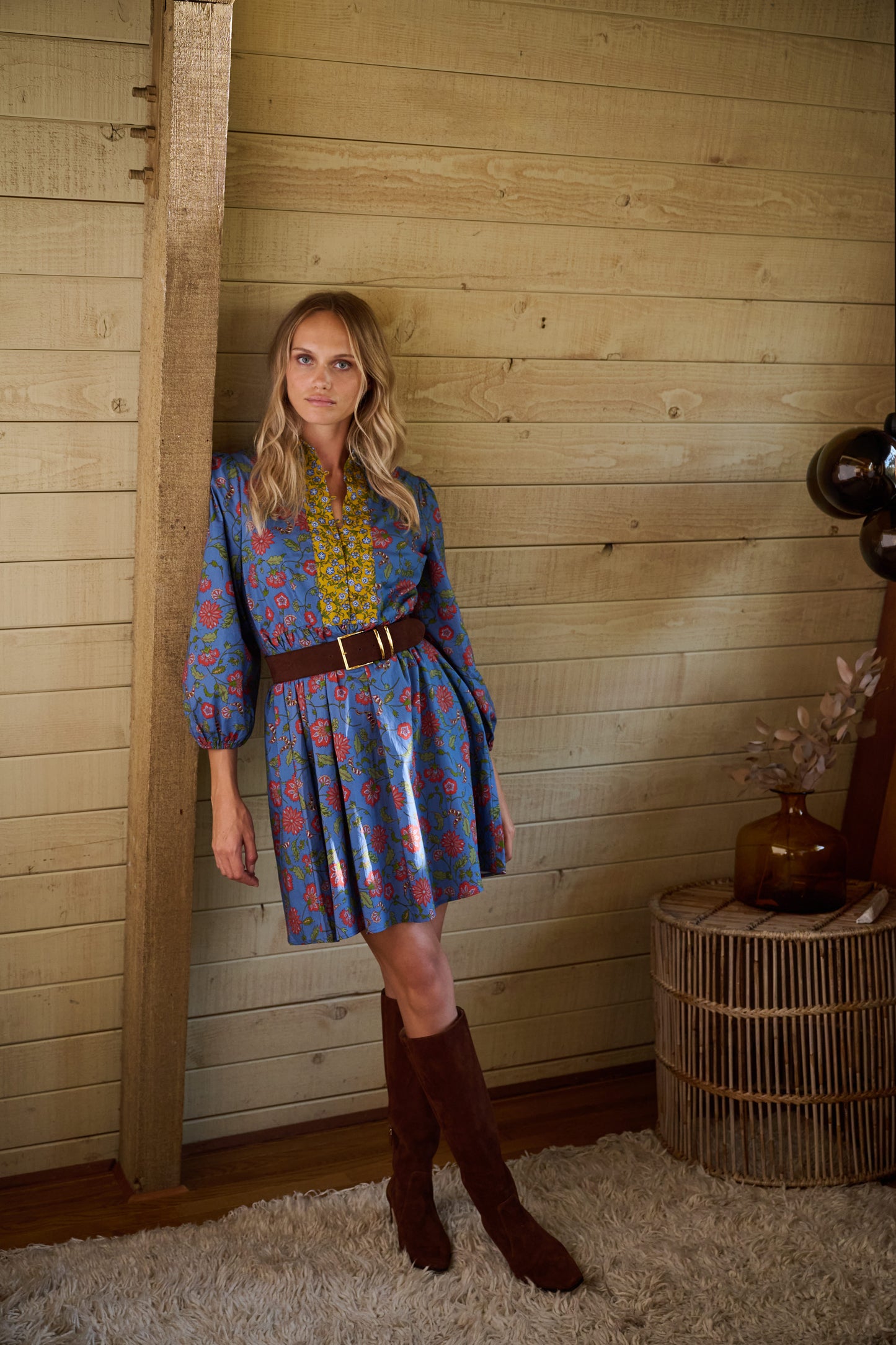 Halle Collared Belted Mini Dress in Blue Floral