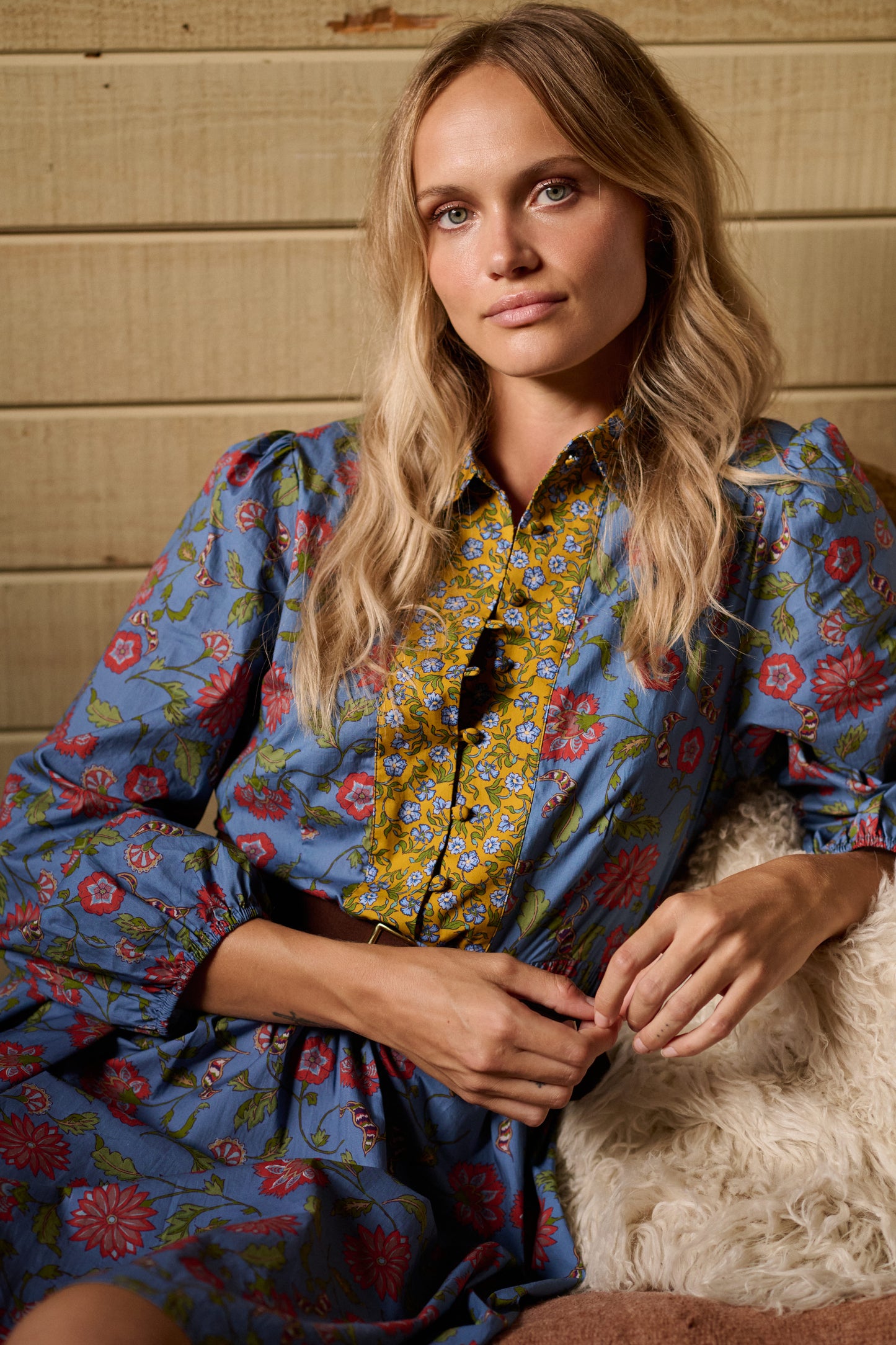 Halle Collared Belted Mini Dress in Blue Floral