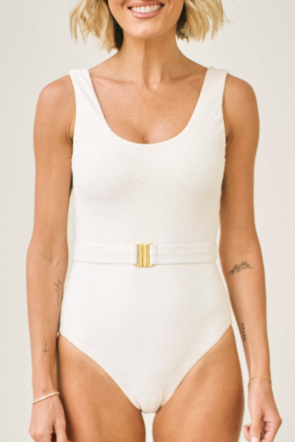 Joan Belted One-Piece Swimsuit in White Haze - Preorder Exclusive