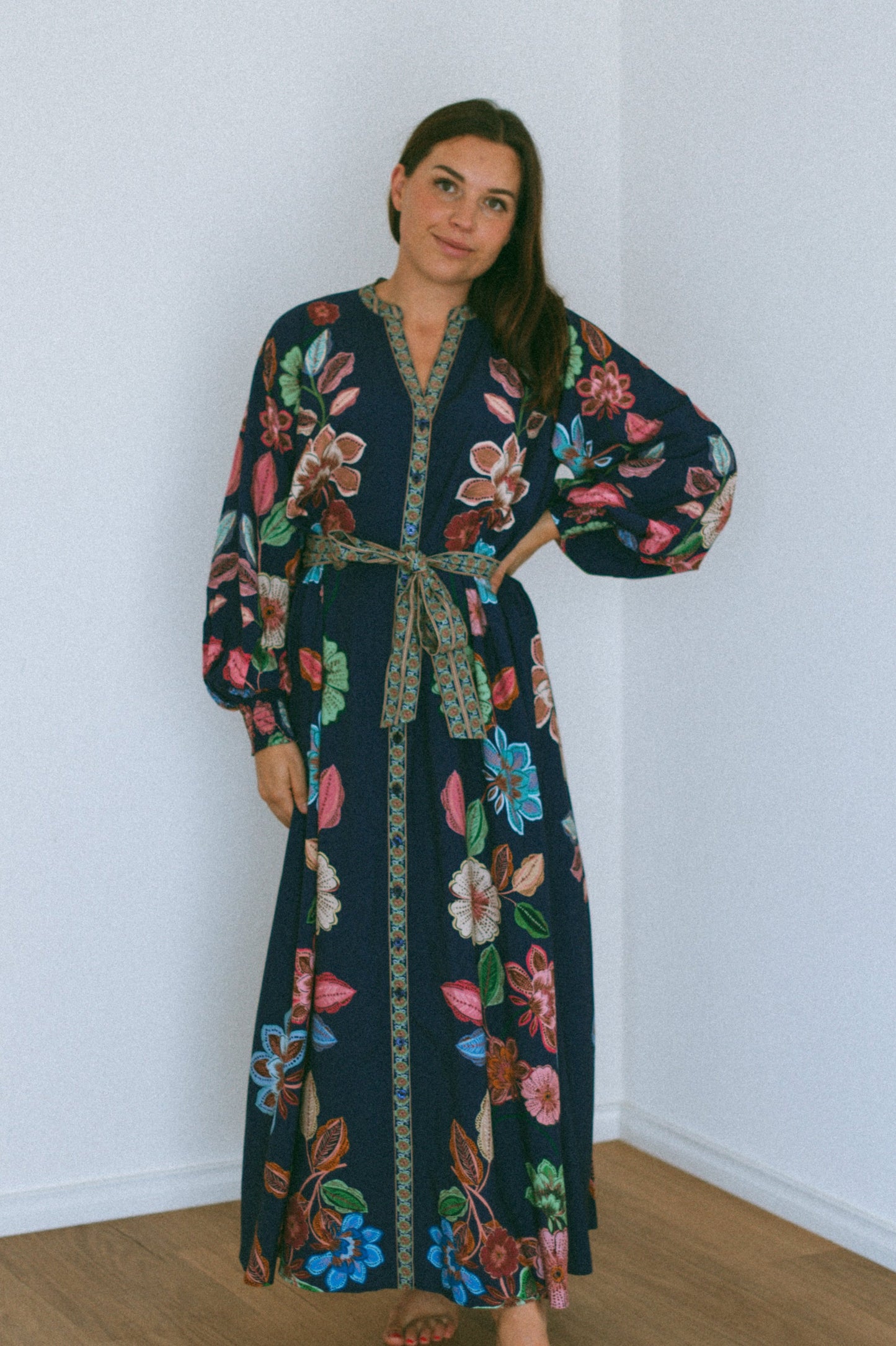 Johanna Belted Tie Maxi Dress in Navy Floral