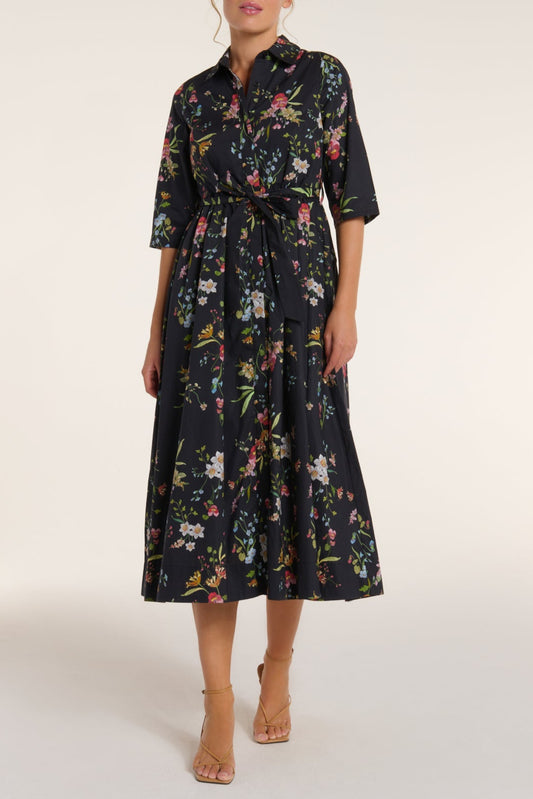 Francesca Collared Belted Maxi Dress in Black Floral