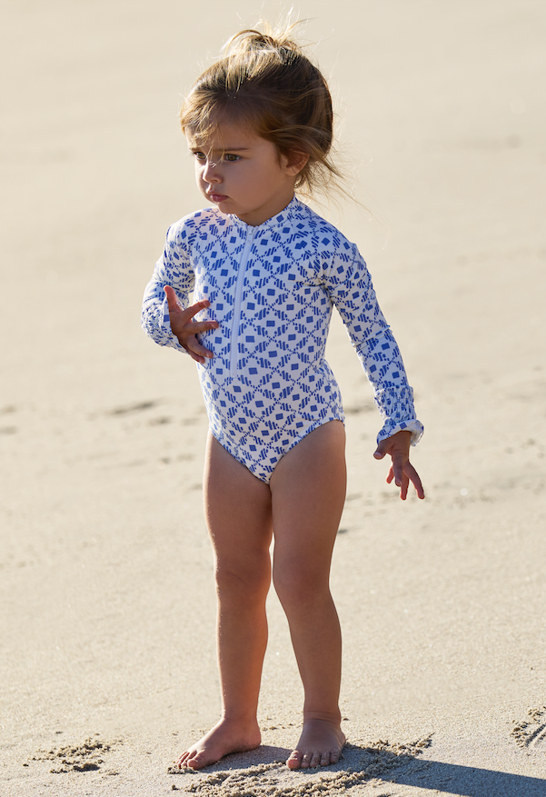 Little Gayle Long Sleeve Zipper One-piece Swimsuit in Santorini Dots
