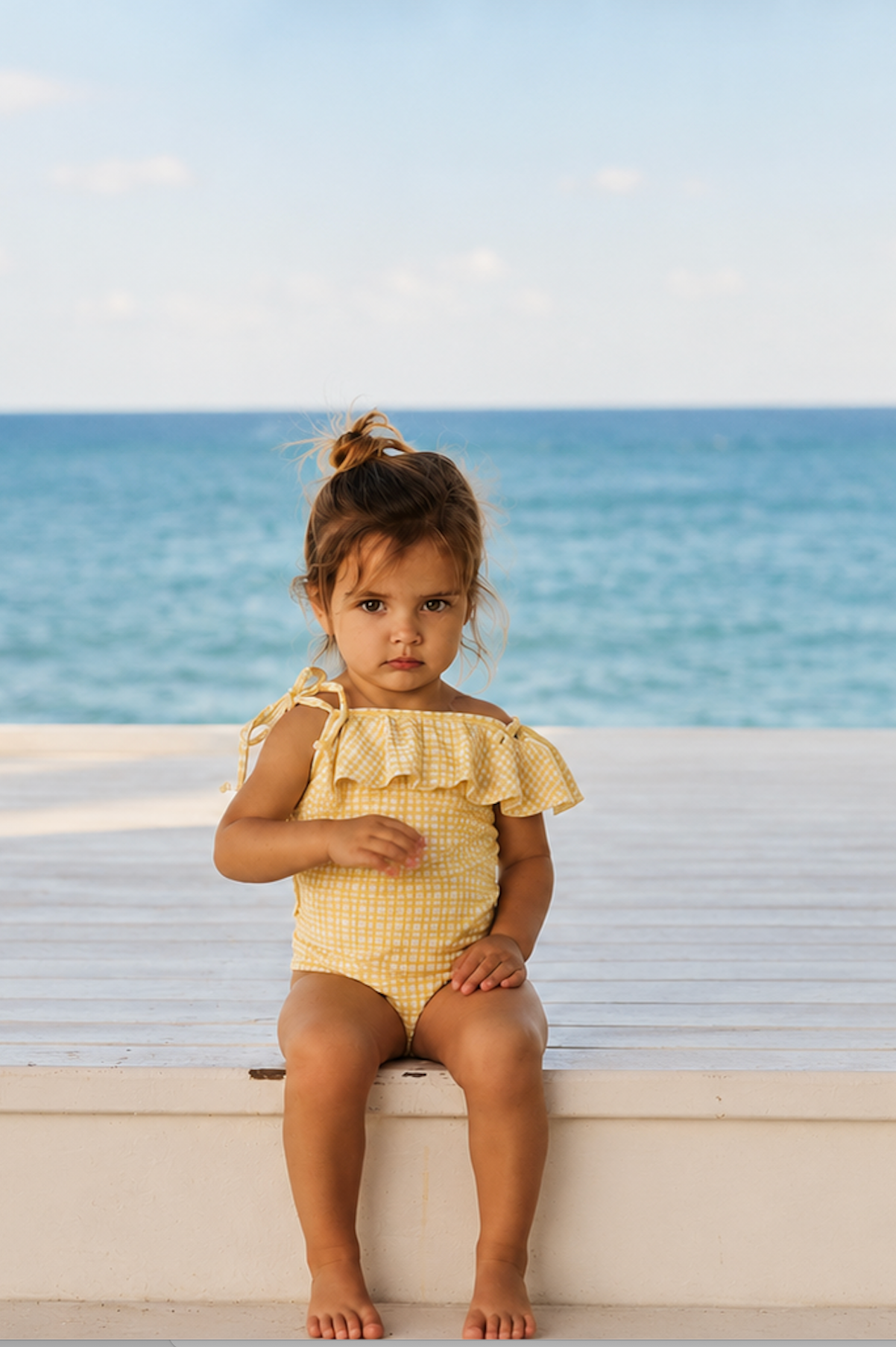 Little Honey Girls One Piece Swimsuit in Yellow Seersucker