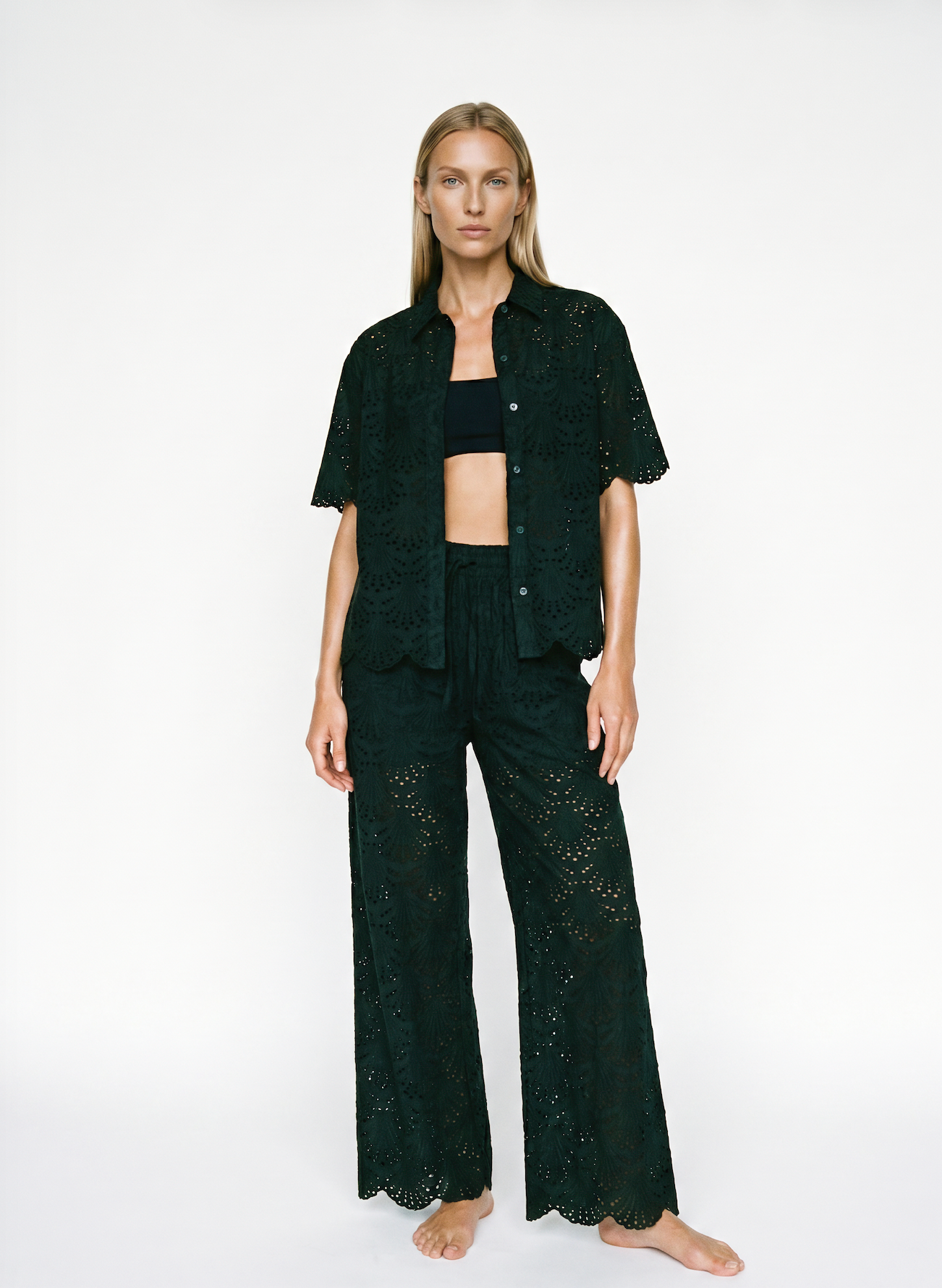 Dana Button Down Short Sleeve Shirt in Black Eyelet