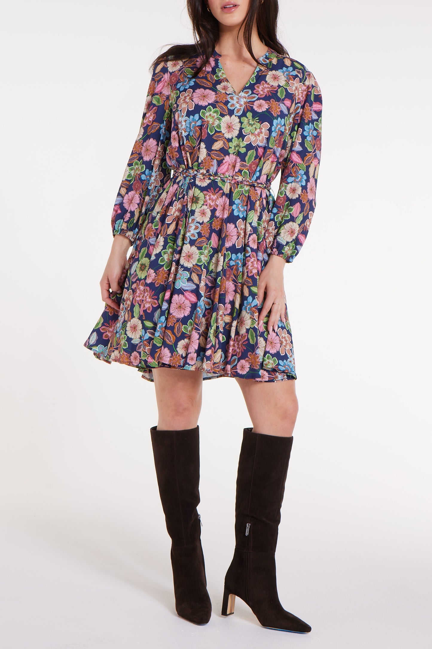 Gayle Belted Collard Mini Dress in Navy Floral FINAL SALE