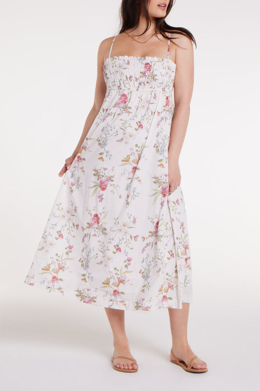 Margot Smocked Spaghetti Strap Midi Dress in White Floral