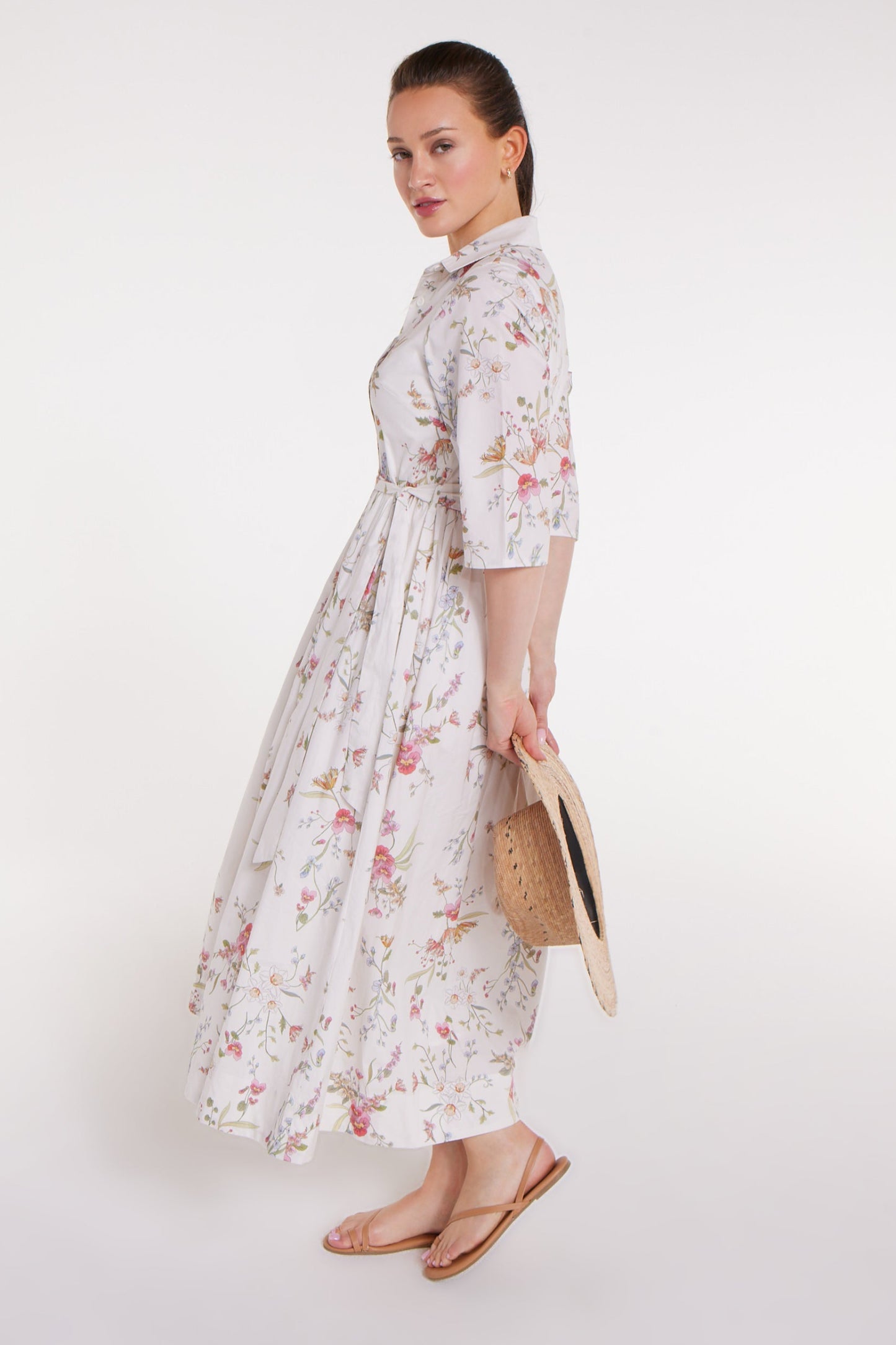 Francesca Collared Belted Maxi Dress in White Floral