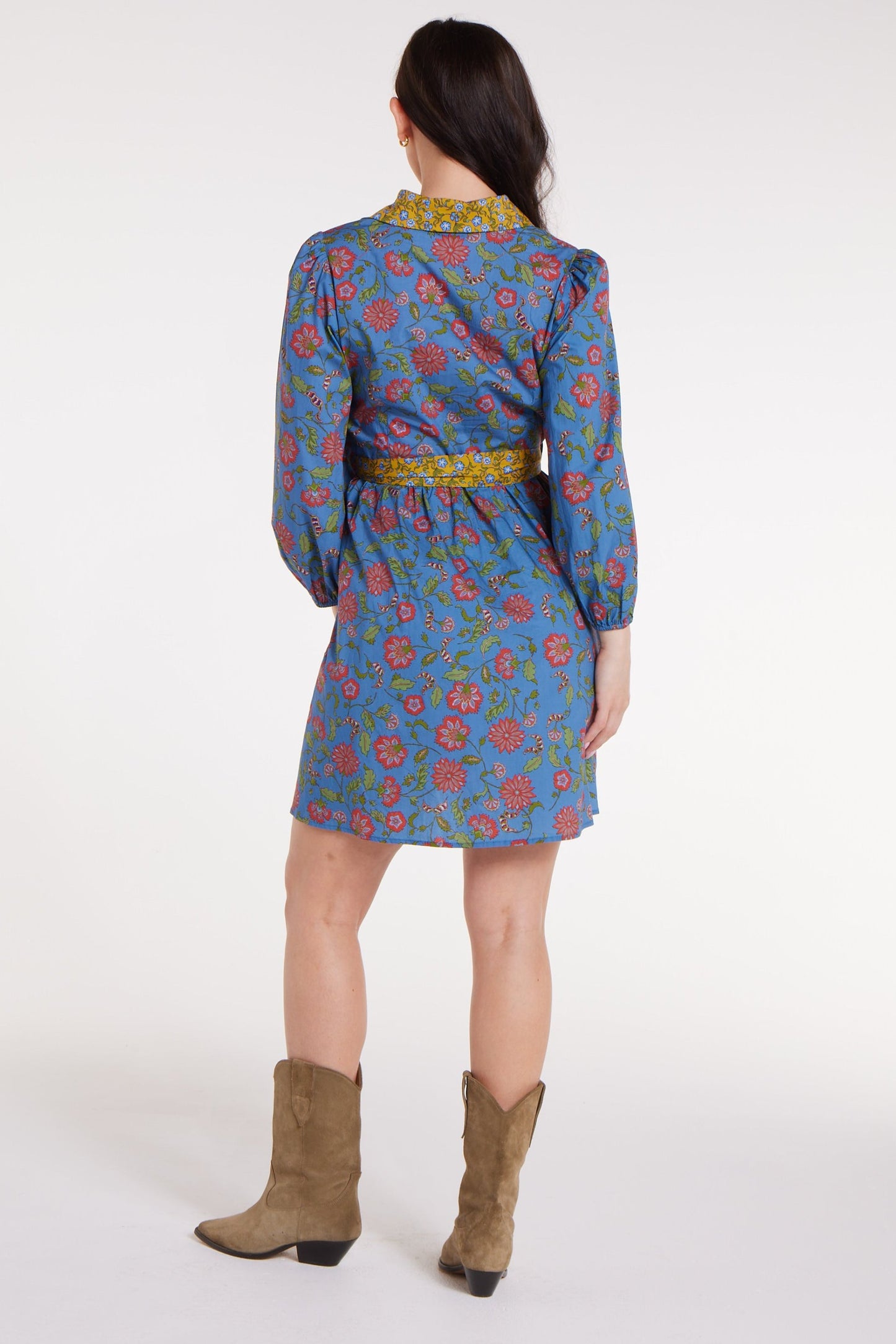 Halle Collared Belted Mini Dress in Blue Floral