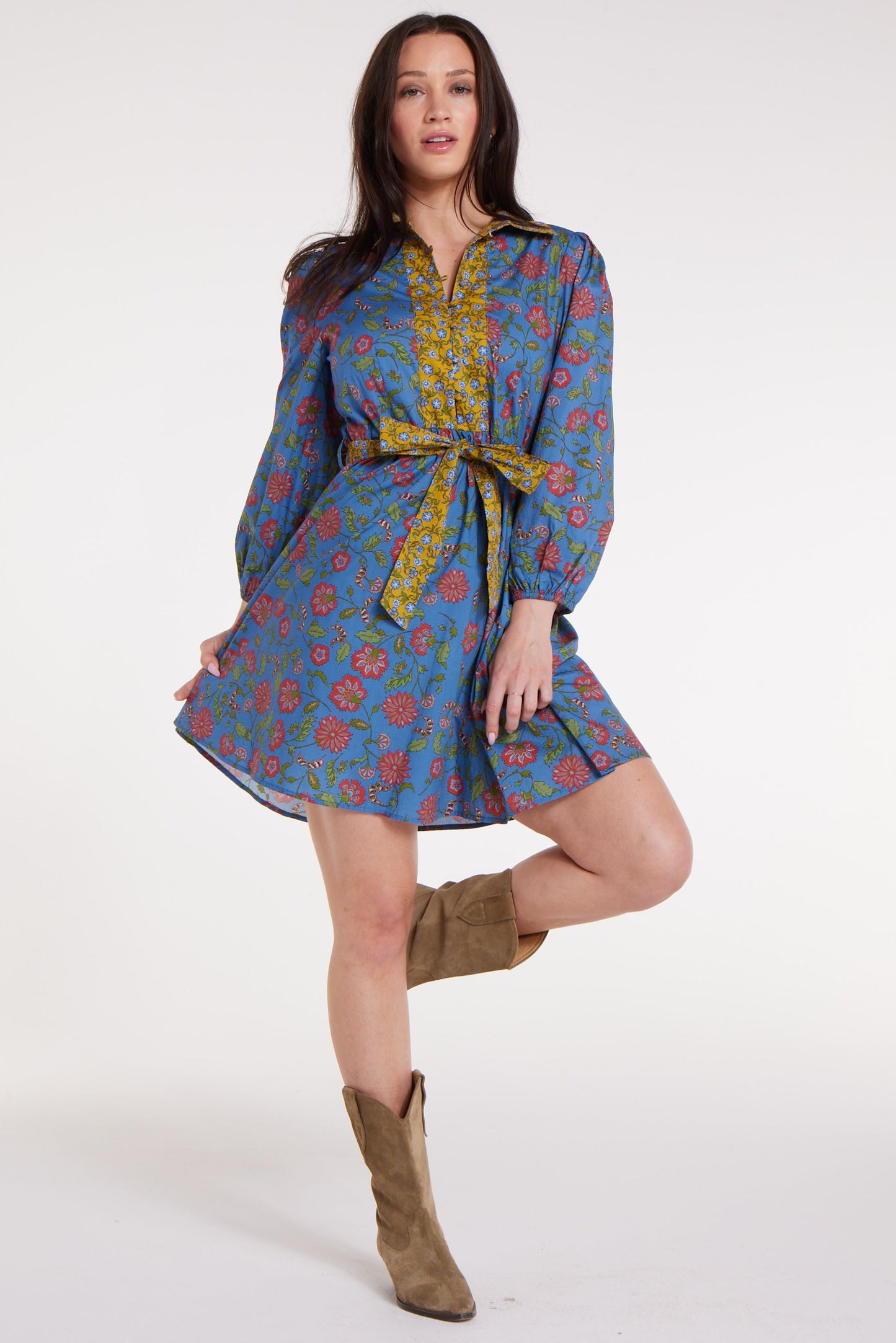 Halle Collared Belted Mini Dress in Blue Floral