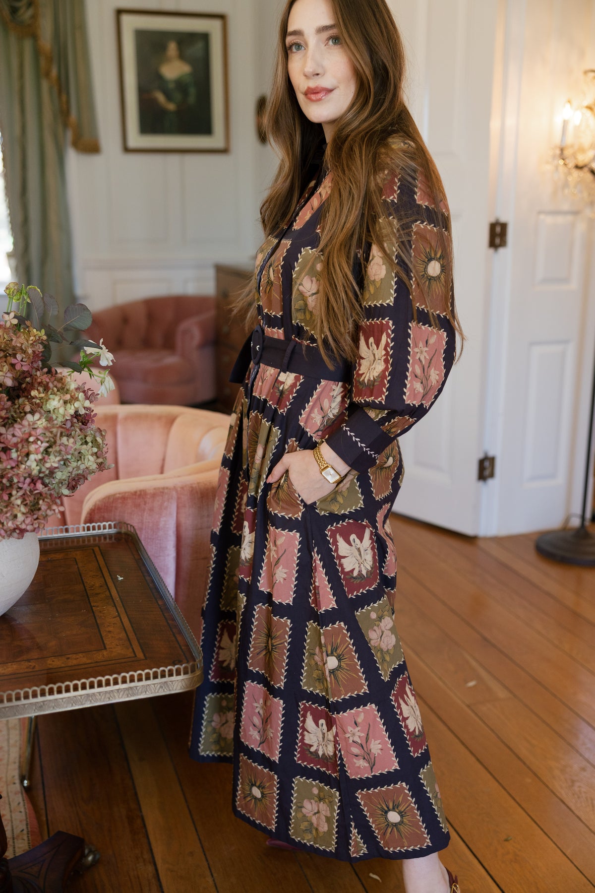 Cecilia Belted Maxi Shirt Dress in Memory Lane