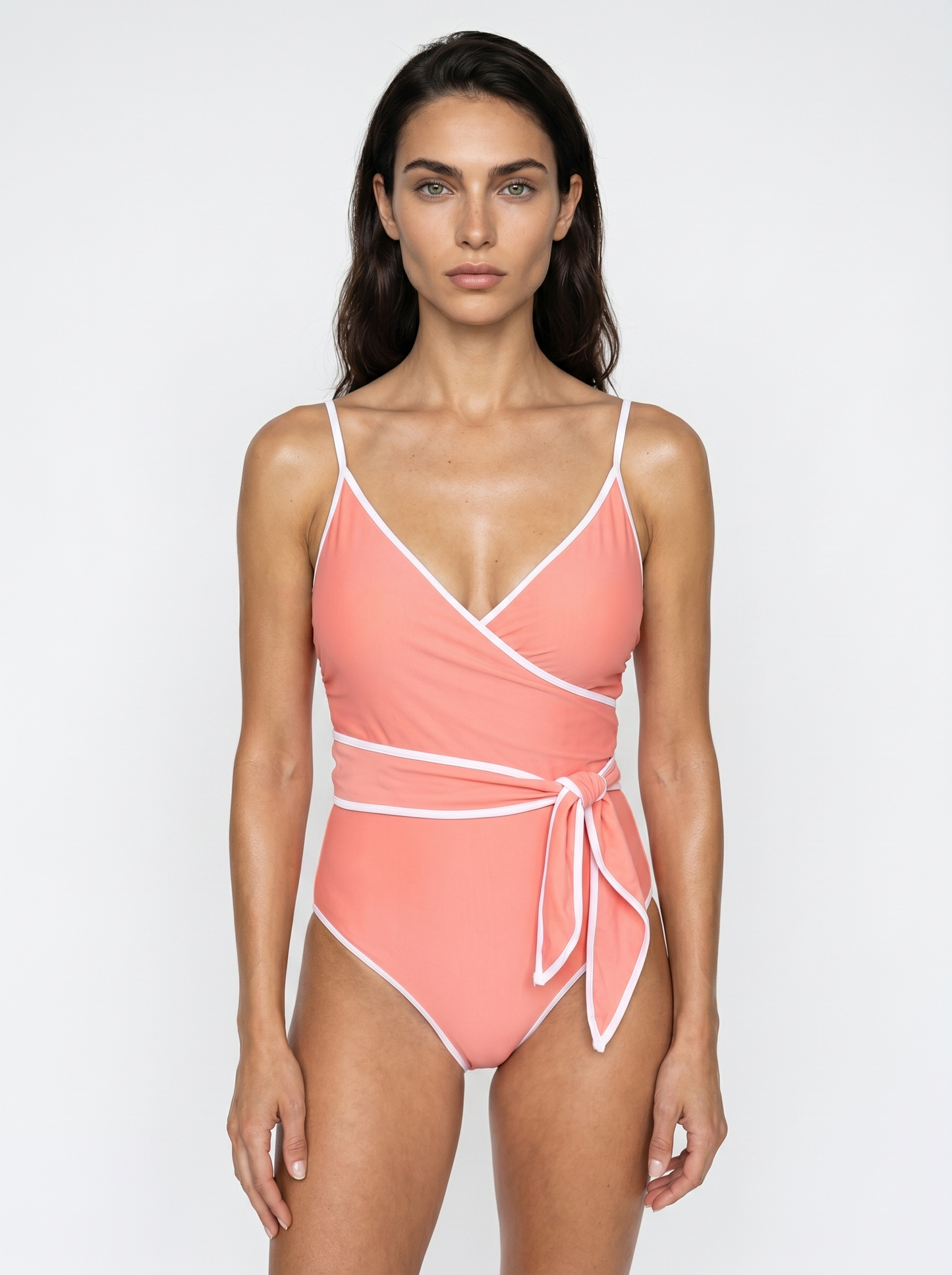 Jan V-Neck Wrap One-Piece Swimsuit in Spiced Coral