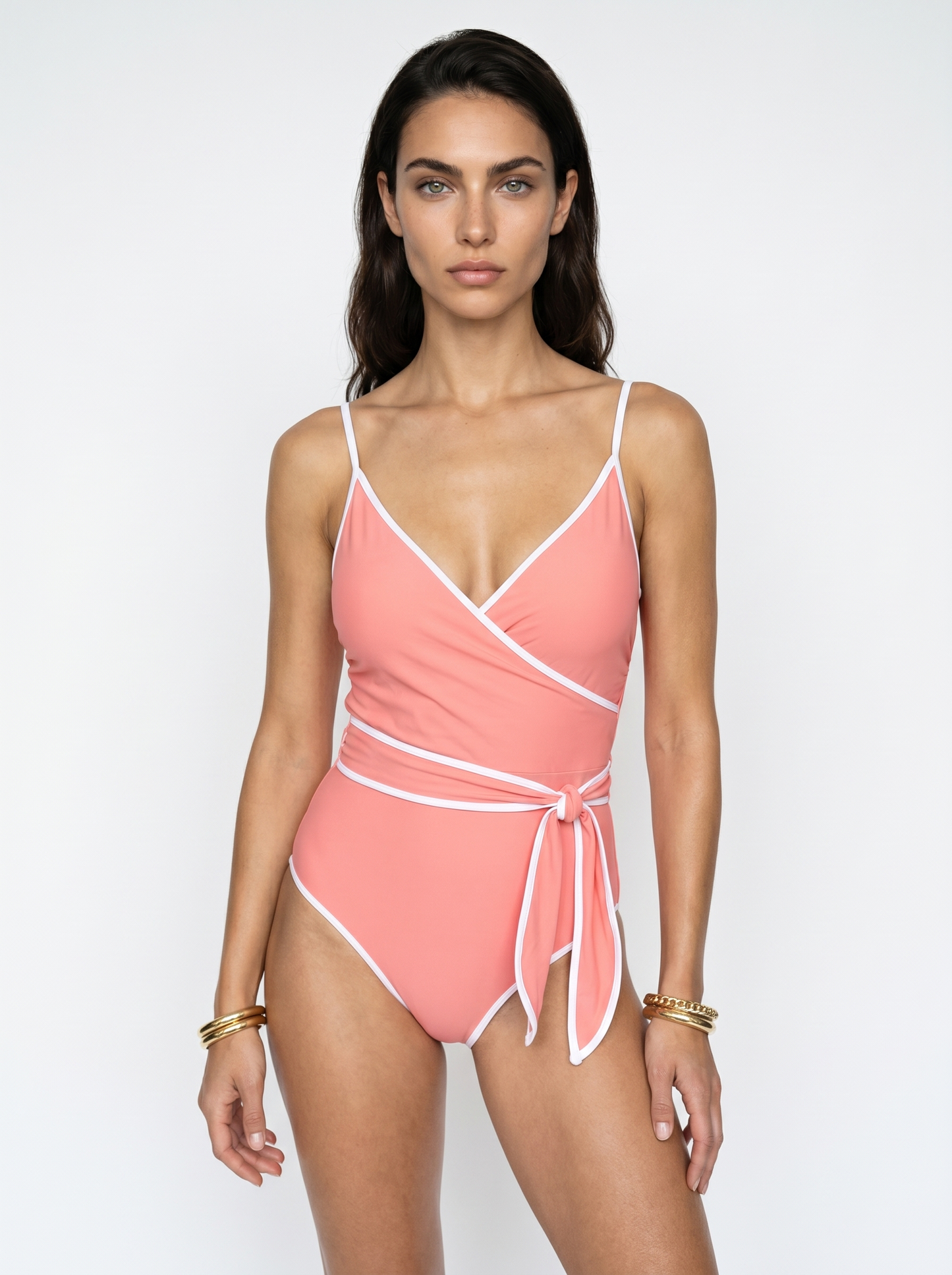 Jan V-Neck Wrap One-Piece Swimsuit in Spiced Coral
