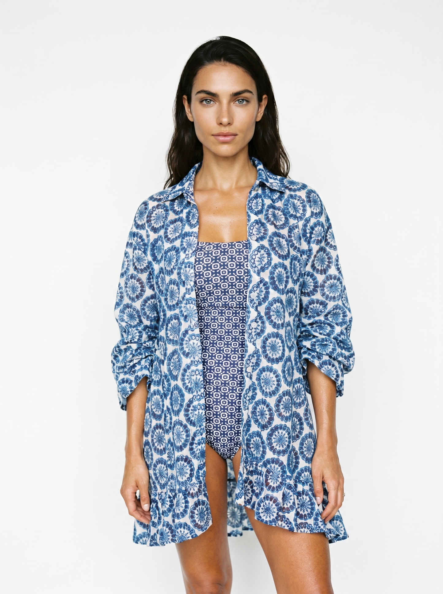 Anna Flounce Sleeve Dress Cover-up in Blue Multi - PREORDER