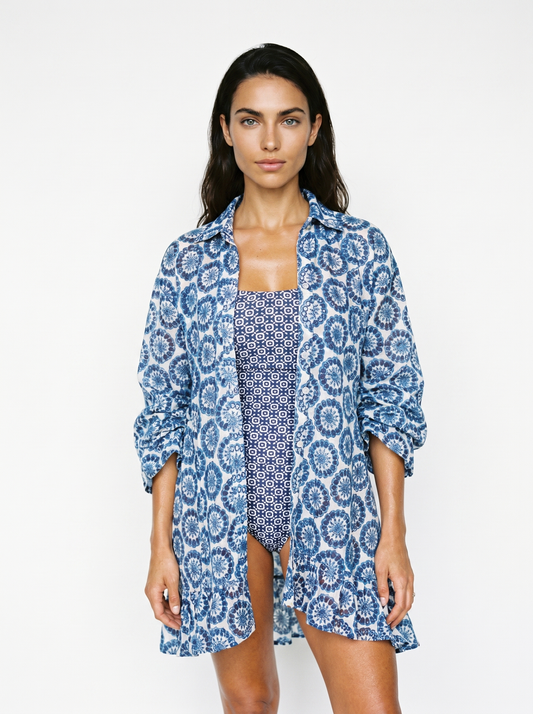 Anna Flounce Sleeve Dress Cover-up in Blue Multi - PREORDER
