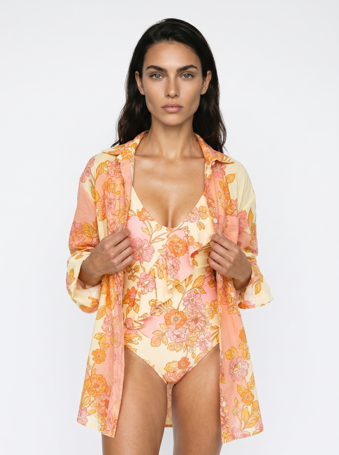 Olivia Button Front Collared Shirt Dress in Falling for Flowers