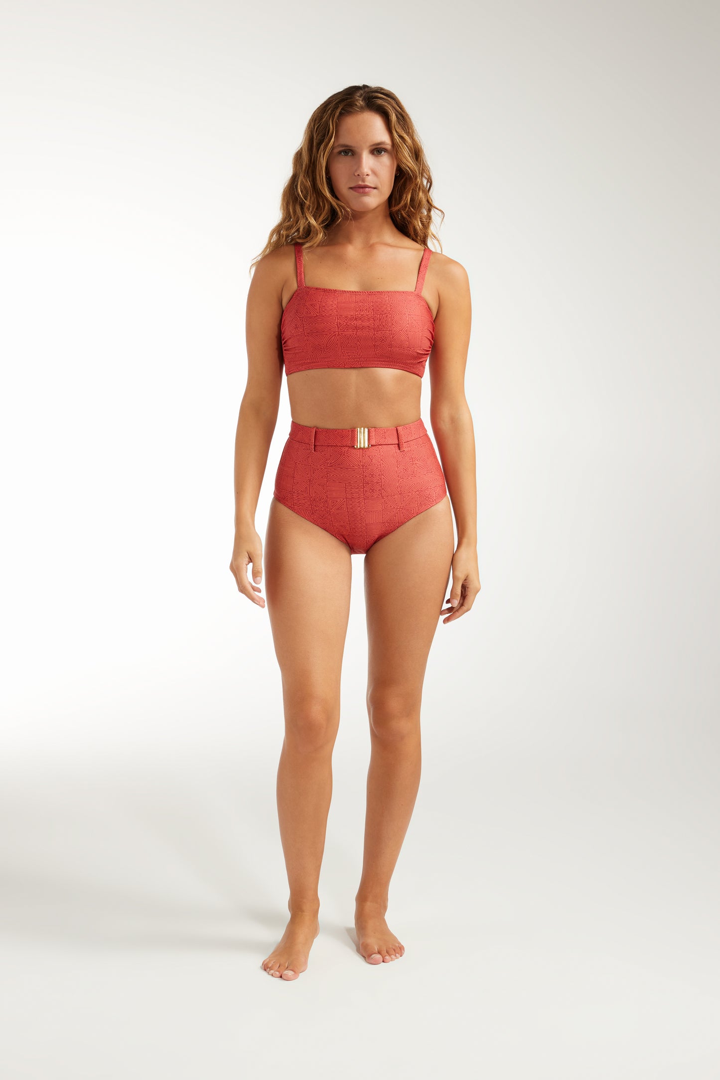 Woman Wearing High Waisted Full Coverage Two Piece Bathing Suit