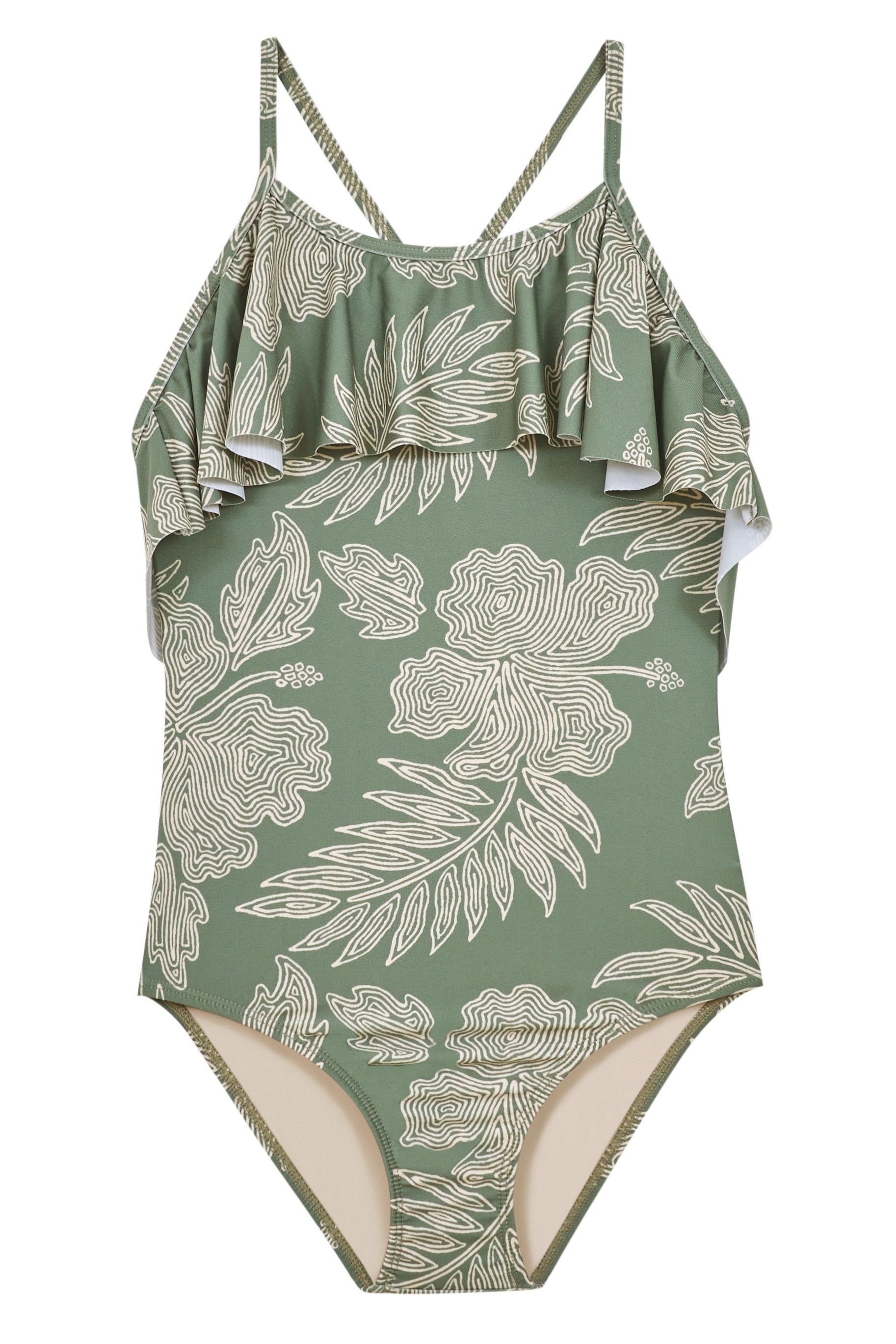 Little Sarah Ruffle Criss Cross One Piece Swimsuit Sage FINAL SALE